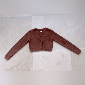 SUNDAY BEST - cognac fuzzy REESE cardigan crop sweater - SIZE M - LIKE NEW
